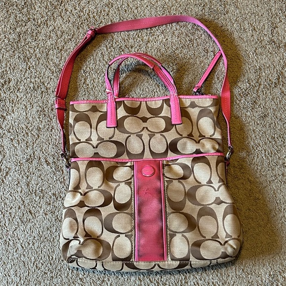 COACH Foldover Tote Shopper Signature Purse Pink Stripe F23304 Crossbody Bag Top - Picture 2 of 12
